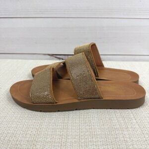 Cushionaire Women's Slide Sandals Size 8.5‎ M Bronze Rhinestone Double Strap